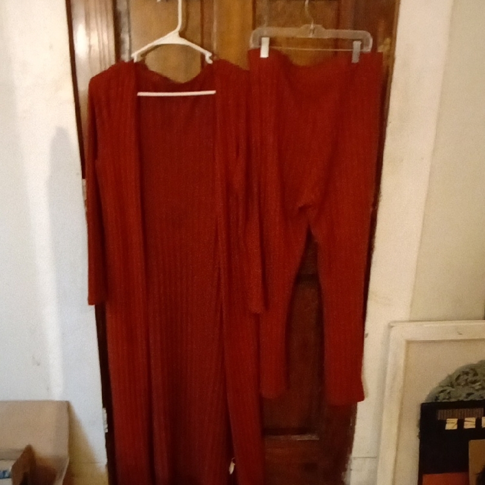 SHEIN Rust Red Ribbed Two-Piece Pantsuit with Long Cardigan